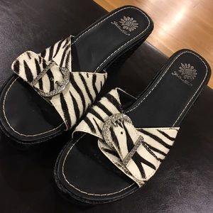 Like new Yellow Box Zebra Calf Hair Slides Size 9